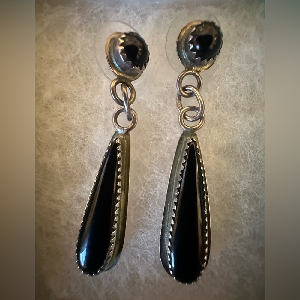 Vintage Sterling Black Onyx Tear Drop Earrings - Picture 4 of 5